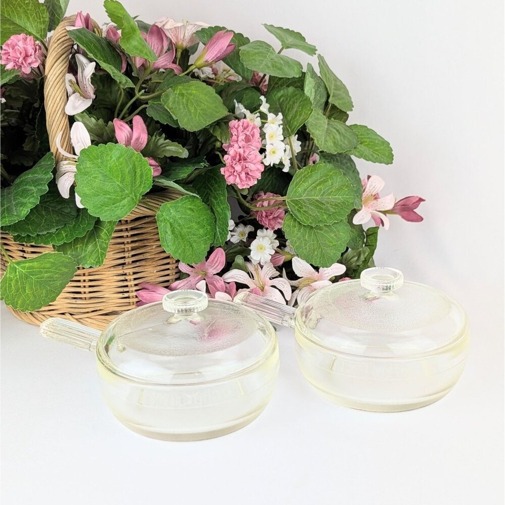 Set of 2 Datom Clear Glass Casseroles with Lids Single-Serve Art Deco Bakeware